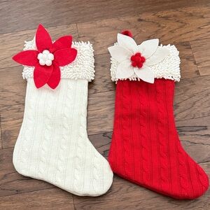Red and White Knit Poinsettia Stocking Set